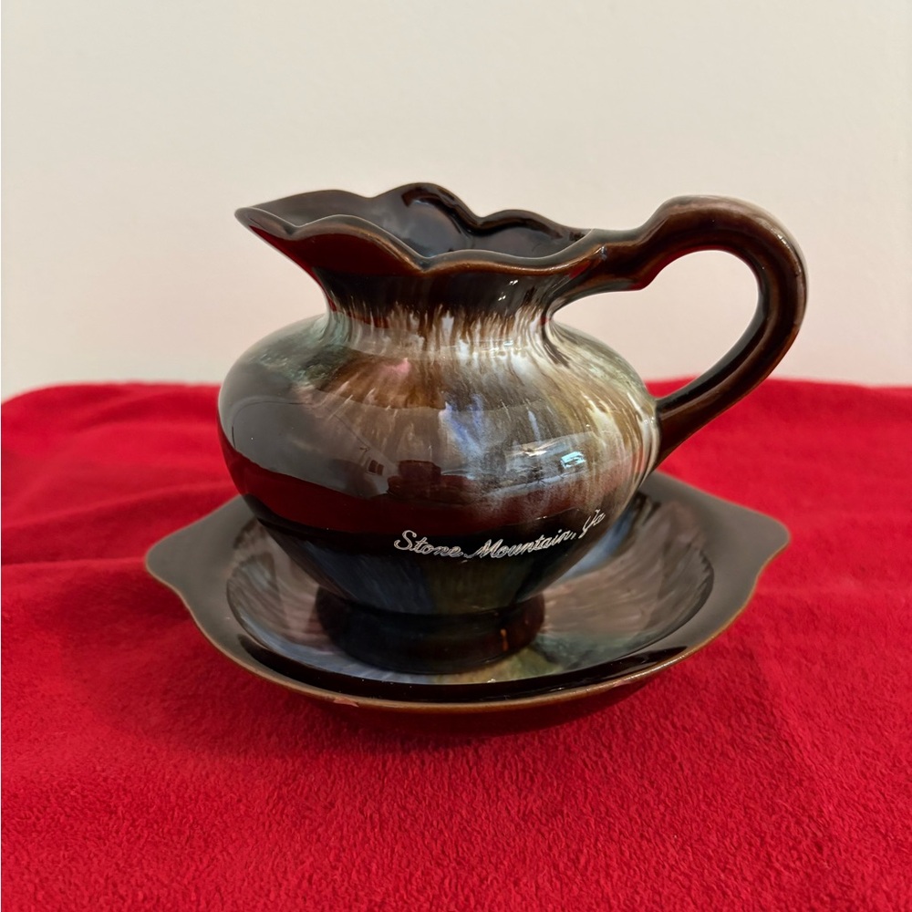Stone Mountain Accessories Ceramic Pitcher and Saucer in Brown
